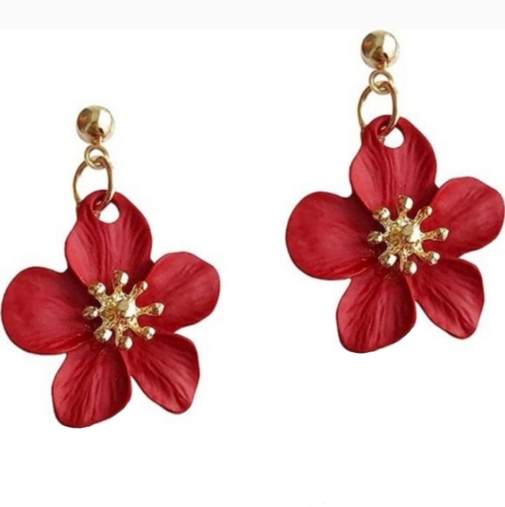 Red Matte Flower Blossom Post Earrings 3D Hibiscus Flowers Flutter Charm Dangle